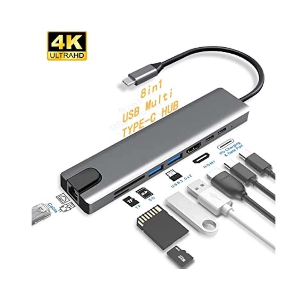 Alfalink AL-C80 Type-C 8 in 1 4K Çevirici ( HDMI - 2PORT USB - 2PORT TYPE