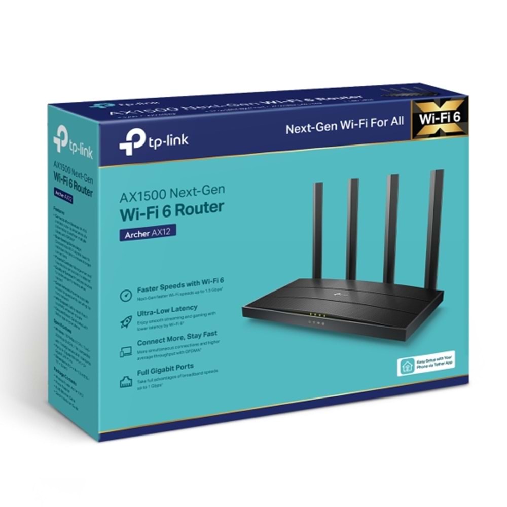TP-Link Archer AX12, AX1500 Mbps, Fiber Destekli, 4 Gigabit LAN Portları, WPA3, Oyun için İdeal Xbox/PS/Steam ve 4K, Gigabit Dual-Band Wi-Fi 6 Router