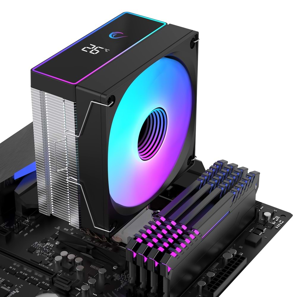 Rampage OCTAGON B70 Siyah 63CFM 12cm ARGB Sıcaklık Göstergeli AM5/LGA1700 Uyumlu Hava Soğutmalı CPU Fan