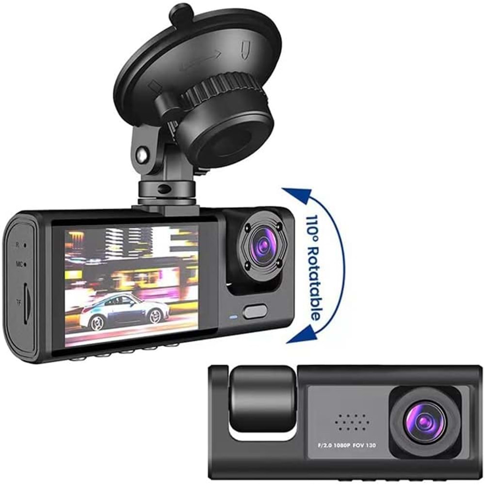 Araç kamerası,1080P DVR Araç İçi Kamera Ön & İç & Arka Kamera Sürüş Kaydedici 2 İnç Ekran Dashcam Desteği Gece Görüş Döngü Kayıt Tek Tuş Kilidi