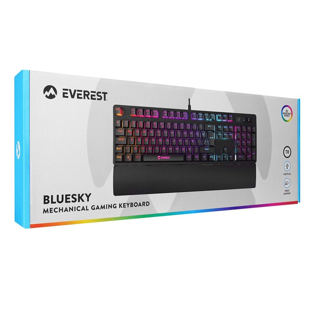 Everest KB-GX7 BLUESKY 21 Işık Efektli RED SWITCH Bilek Destekli Mekanik Ga