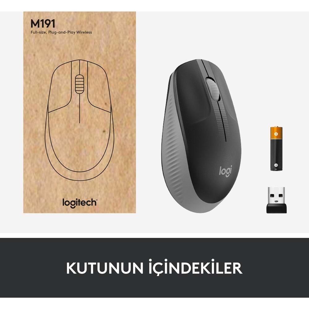 Logitech M191 Büyük Boy USB Alıcılı 1.000 DPI Kablosuz Mouse - Gri