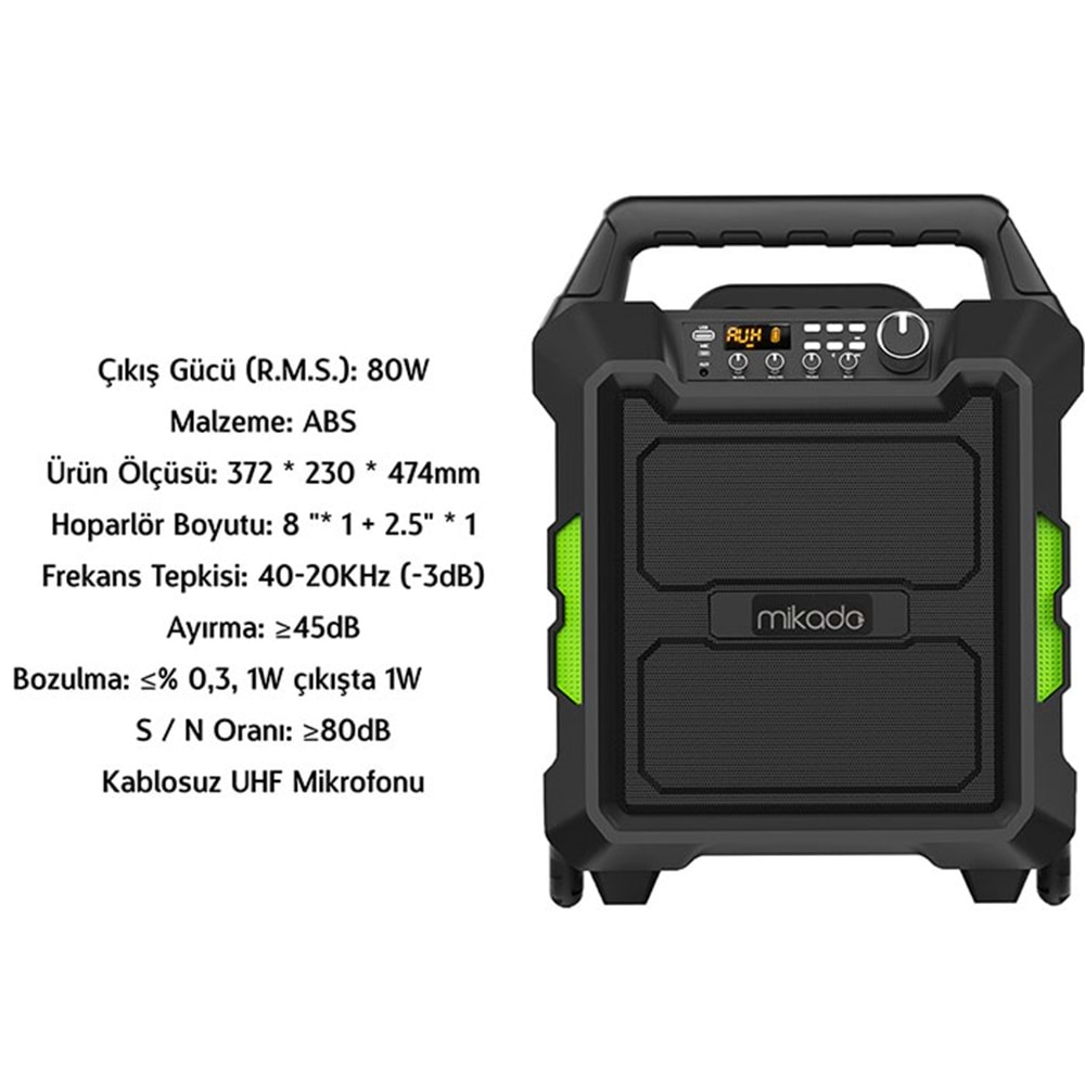 Mikado MD-101KP RMS:80W Kablosuz UHF Mikrofonlu Bluetooth ve USB Destekli Taşınabilir Toplantı Anfisi