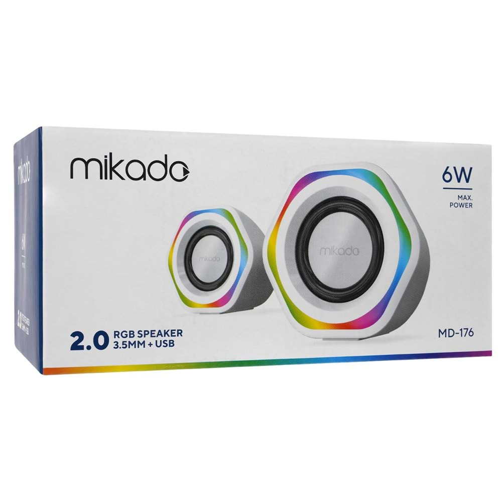 Mikado MD-176 2.0 3W*2 Beyaz RGB Aydınlatmalı USB + 3.5mm USB 5V Speaker Hoparlör