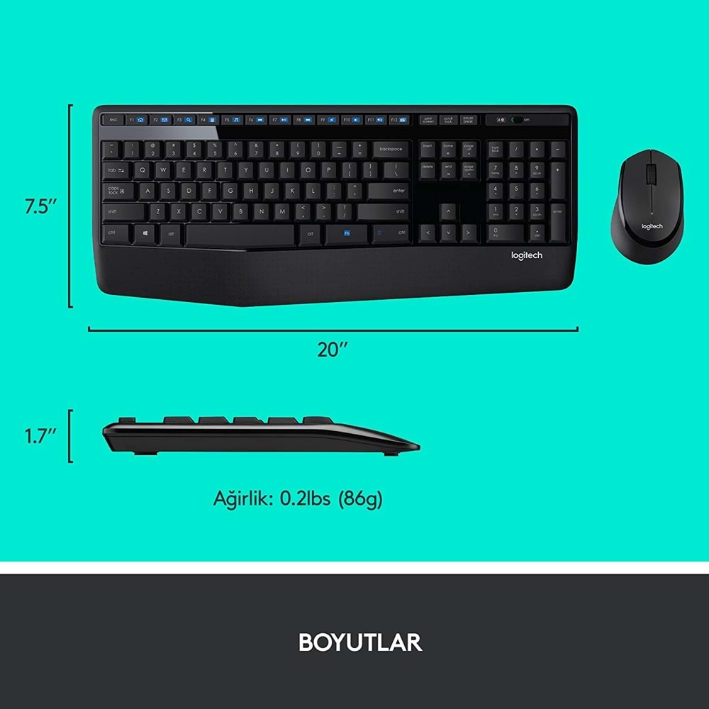 Logitech MK345 KablosuzKlavye MouseSeti, TamBoyutluAyarlanabilirAyaklı Klavye,MedyaDenetimi,