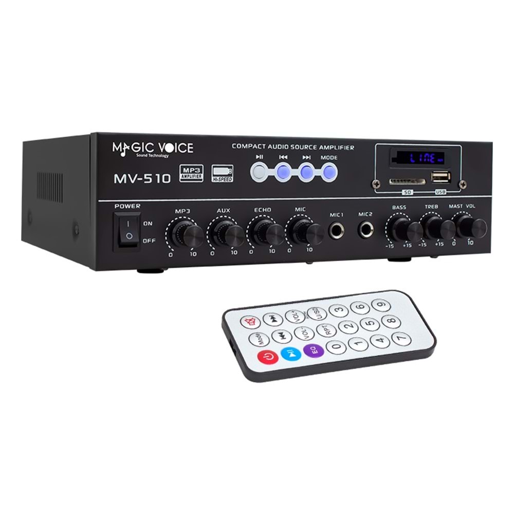MAGICVOICE MV-510 50 WATT USB/SD/BLUETOOTH 2 MİK.,ECO LU+2SD 2061*2 Lİ UK'LI GİRİŞLİ HAT TRAFOLU ANFİ