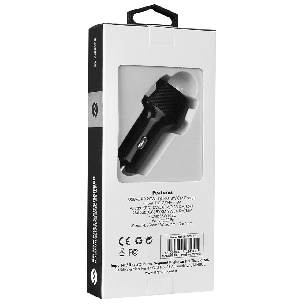 S-link SL-AC51PD 36W PD 3.0 Lightining 3.4A Hızlı Şarj PD 18 W+USB QC 3.0 Siyah Araç Şarj Cihazı
