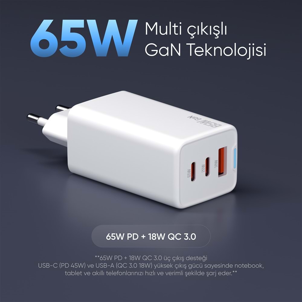 S-link SL-ECG65 2*USB-C + USB-A GAN PD 65W / QC 18W Type GAN PD/PPS Beyaz EV/NOTEBOOK Şarj Adaptör