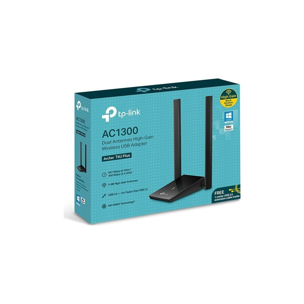 TP-Link Archer T4U Plus, AC1300 Mbps, 1 Metre USB 3.0 Kablo, Yüksek Çekim Güçlü Wi-Fi 5 USB Adaptör