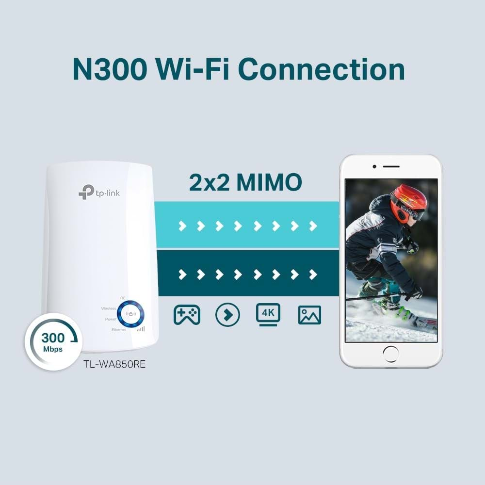 TP-Link TL-WA850RE, N300 Mbps, 1 Ethernet Bağlantı Noktalı Wi-Fi Güçlendirici/Hotspot, Access Point Modu, Tüm Wi-Fi Yönlendiriciler ile Çalışır, Wi-Fi 4 Menzil Genişletici