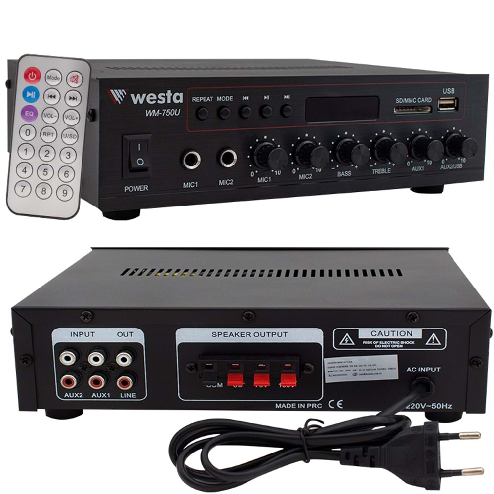 WESTA WM-750U 80W MİNİ 100V/70V/4-16 OHM USB/SD/BLUETOOTH/ UK-2 MİK GİRİŞ TRAFOLU ANFİ