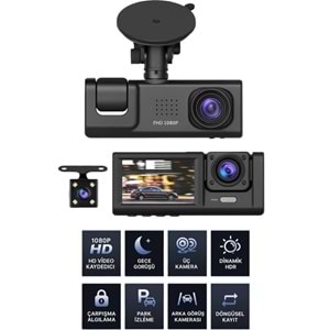 1080P Hd Araç Içi Kamera Arka Ön Iç Kayıt 3 Kamera Gece Görüşlü