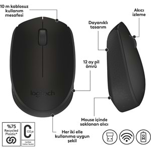 Logitech M171 Kablosuz Mouse, 2,4 GHz, USB Mini Alıcılı, Siyah