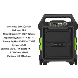 Mikado MD-101KP RMS:80W Kablosuz UHF Mikrofonlu Bluetooth ve USB Destekli Taşınabilir Toplantı Anfisi