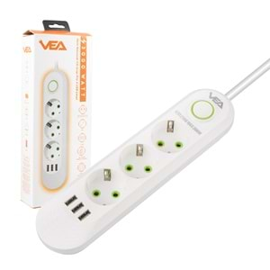 VEA VA-21558 3'LÜ 1.5 METRE KABLOLU 3 USB'Lİ BEYAZ AKIM KORUMALI PRİZ