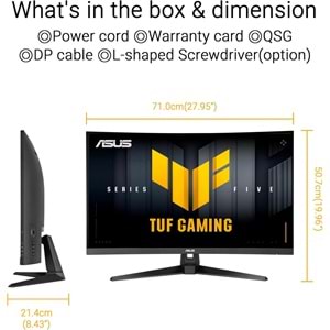 ASUS TUF GAMING VG32VQM5B 31.5 Fast VA KAVİSLİ FREESYNC VE GSYNC UYUMLU HDR 1920x1080 0.5ms 250Hz 300cd DP HDMI Hoparlör VESA 3YIL 120% Srgb FLICKER-FREE,ÇERÇEVESİZ,DÜŞÜK MAVİ IŞIK Monitör