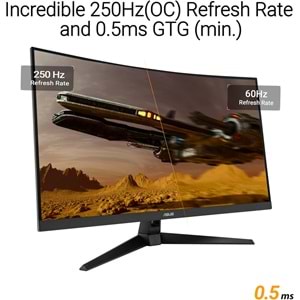 ASUS TUF GAMING VG32VQM5B 31.5 Fast VA KAVİSLİ FREESYNC VE GSYNC UYUMLU HDR 1920x1080 0.5ms 250Hz 300cd DP HDMI Hoparlör VESA 3YIL 120% Srgb FLICKER-FREE,ÇERÇEVESİZ,DÜŞÜK MAVİ IŞIK Monitör