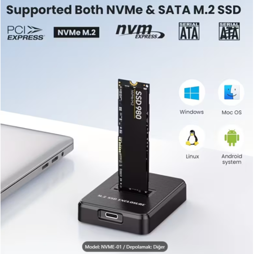 M.2 NVME SSD Yuvası, USB'den NVME Okuyucu ve Yazıcıya, 10Gbps USB 3.1 Type C Harici SSD Adaptör Kutusu M Anahtar, B+M Anahtar, Boyutlar 22110, 2280, 2260, 2242, 2230 SSD'ler için, Kurulum Gerektirmeyen Kullanım