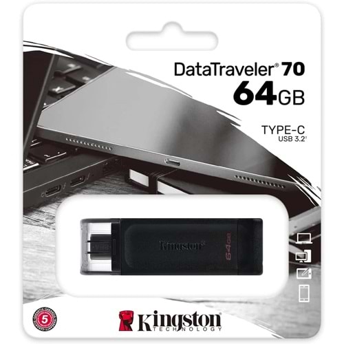 Kingston DataTraveler 70 - DT70/64GB USB C Bellek, Çoklu Değerli, Siyah