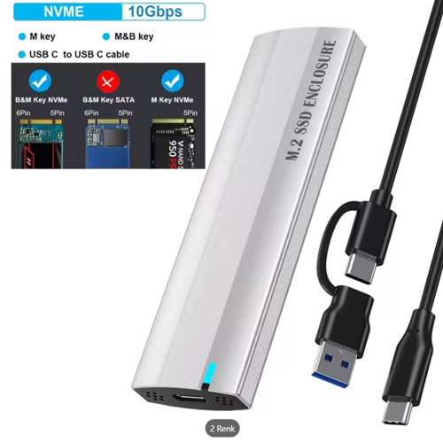 M.2 NVMe SSD Kılıfı - USB 3.1 Gen 2 (10Gbps) - PCI-E Adaptörü, UASP Desteği, 2230/2242/2260/2280 Boyutları için Alüminyum Alaşımlı Kasa