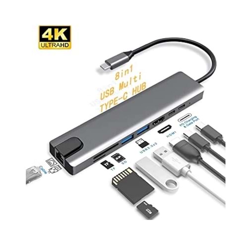 Alfalink AL-C80 Type-C 8 in 1 4K Çevirici ( HDMI - 2PORT USB - 2PORT TYPE