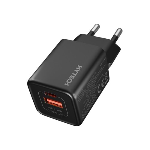 Hytech HY-XEG35 Type USB-C 35W PD + 18W USB QC 3.0 GAN PD/PPS Siyah Hızlı Ev Şarj Adaptörü