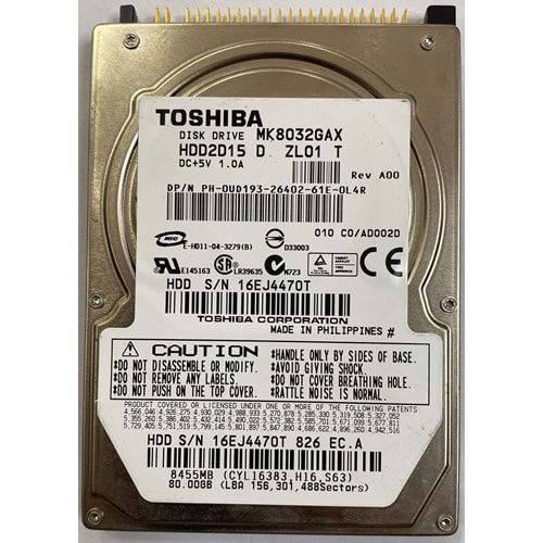 Toshiba MK8032GAX 80 GB İDE NOTEBOOK DİSKİ (2.EL)