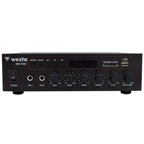 WESTA WM-750U 80W MİNİ 100V/70V/4-16 OHM USB/SD/BLUETOOTH/ UK-2 MİK GİRİŞ TRAFOLU ANFİ