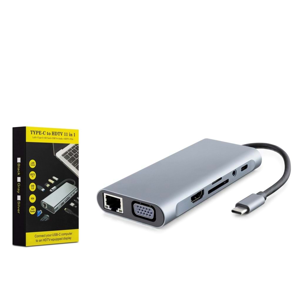 HADRON HDX7830 Type-C 3.0 Combo Hub PD 100W HDMI 4K VGA Gigabit LAN AUX Kart Okuyucu 11 Port 5 Gbps Gr