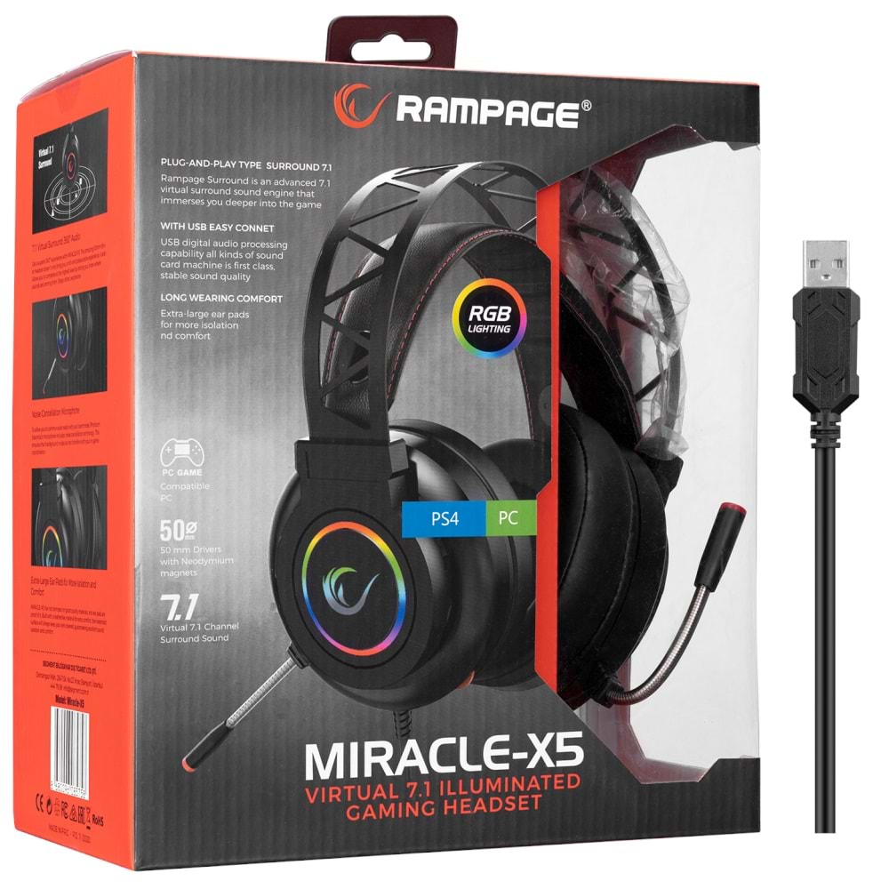 Rampage Miracle-X5 Siyah RGB Led 7.1 Surround Sound System Mikrofonlu Oyunc