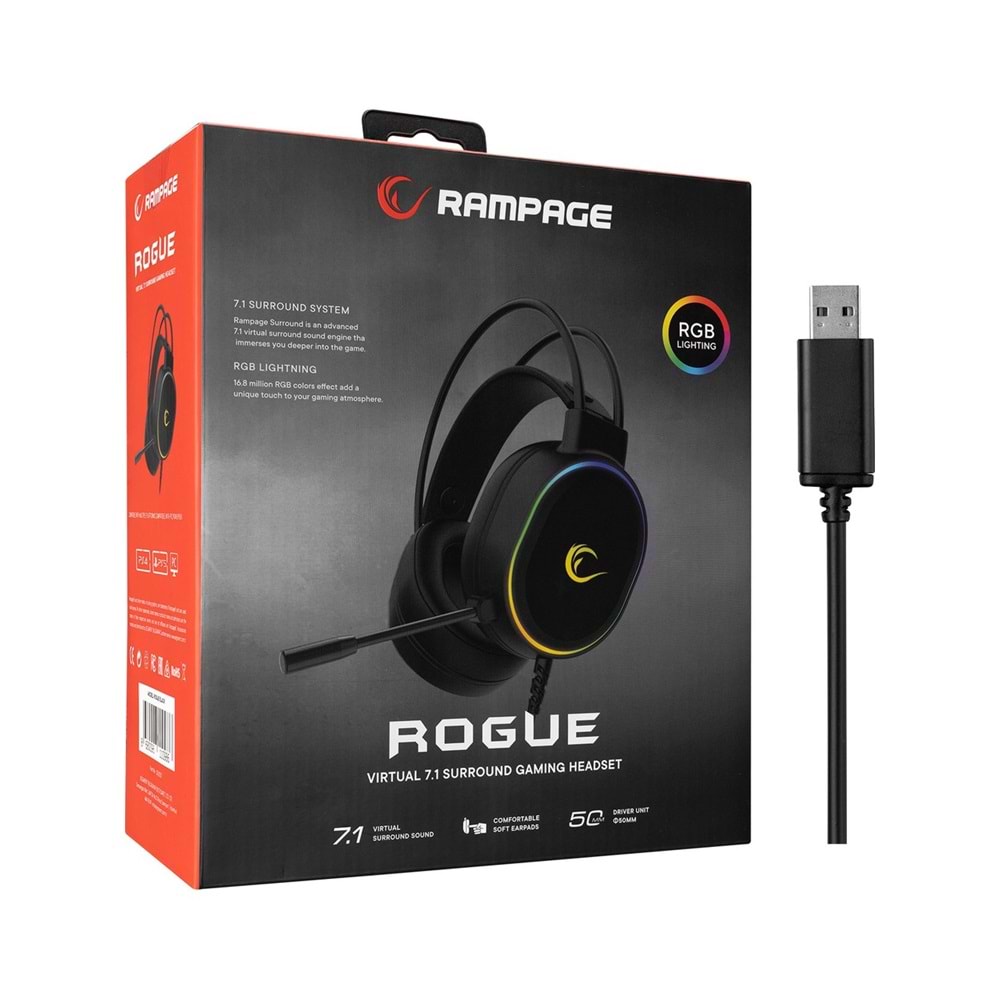 Rampage ROGUE Siyah USB RGB Ledli Gaming Esnek Mikrofonlu Oyuncu KulaklıkRampage ROGUE Siyah USB RGB Ledli Gaming Esnek Mikrofonlu Oyuncu Kulaklık